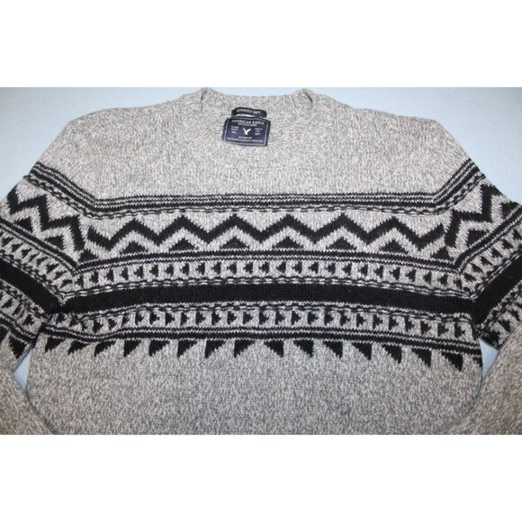 American Eagle Mens Grey Black Seriously Soft Fair Isle Wool Blend Sweater M - Picture 2 of 7